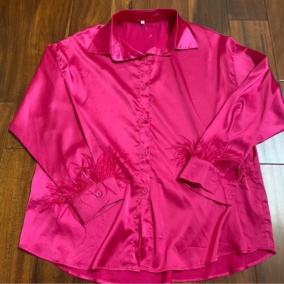 SHEIN Vibrant Pink Satin Blouse with Feather Cuffs. Size small - Picture 1 of 6